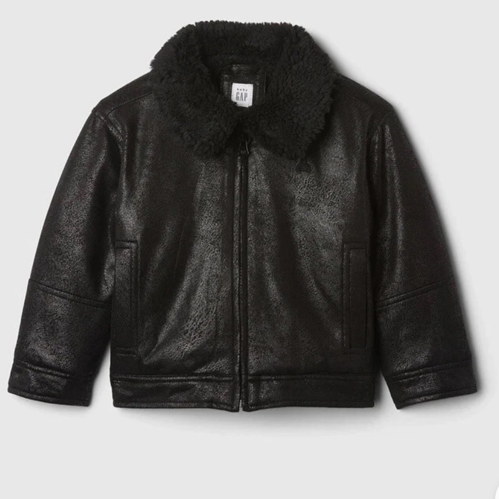 GAP Baby Vegan Suede Black Jacket Sherpa Collar Unisex Size 4